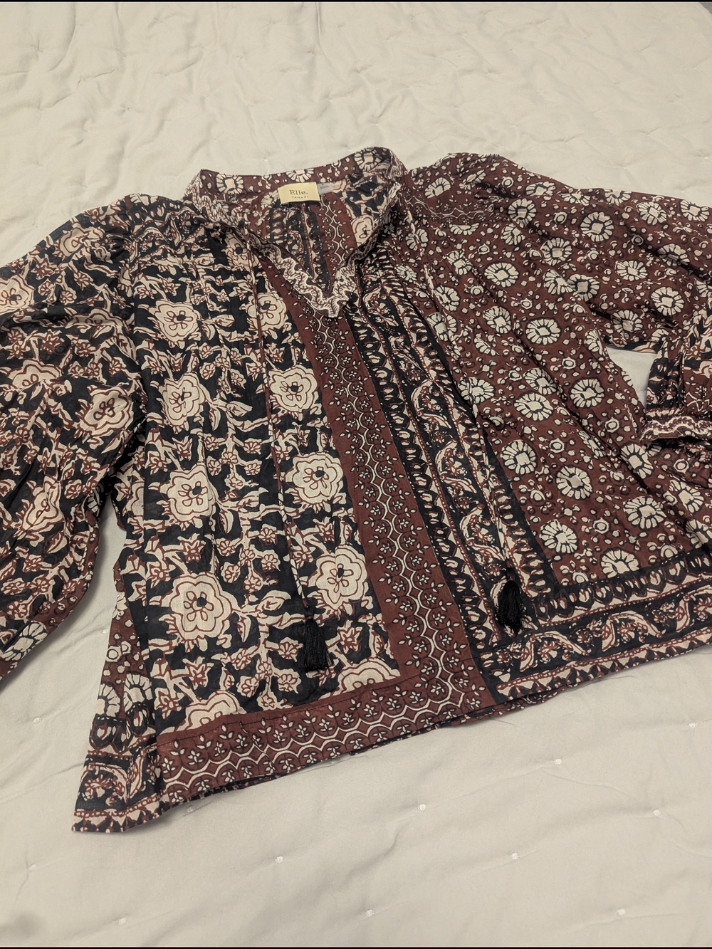 Elie Tahari Maroon and Black Floral Patchwork Blouse